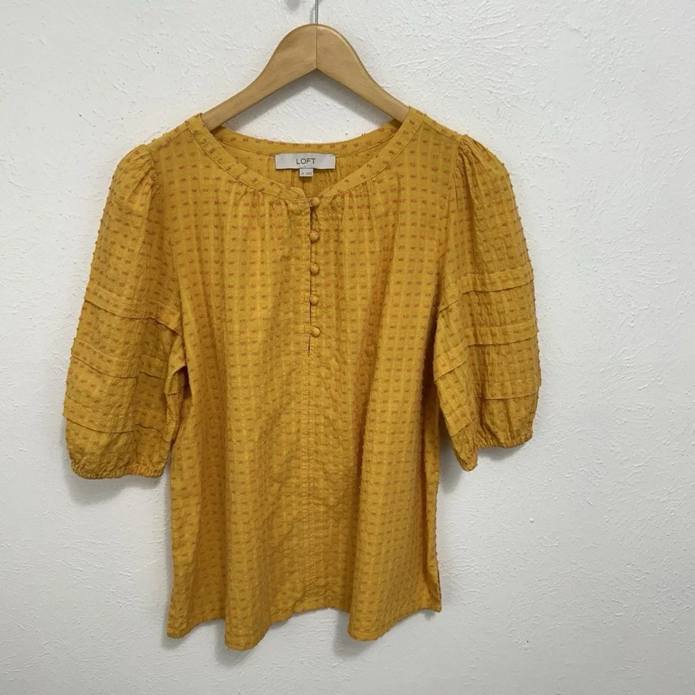 LOFT Yellow Dotted Textured Cotton Blouse Top Button- Up Placket Puff Sleeves M